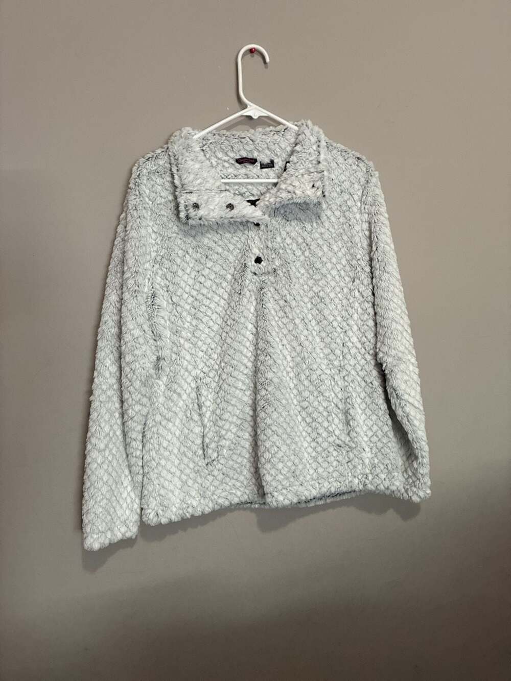 Womens Canyon Creek Sherpa Pullover Size M White Black Fuzzy Fleece Snap Neck